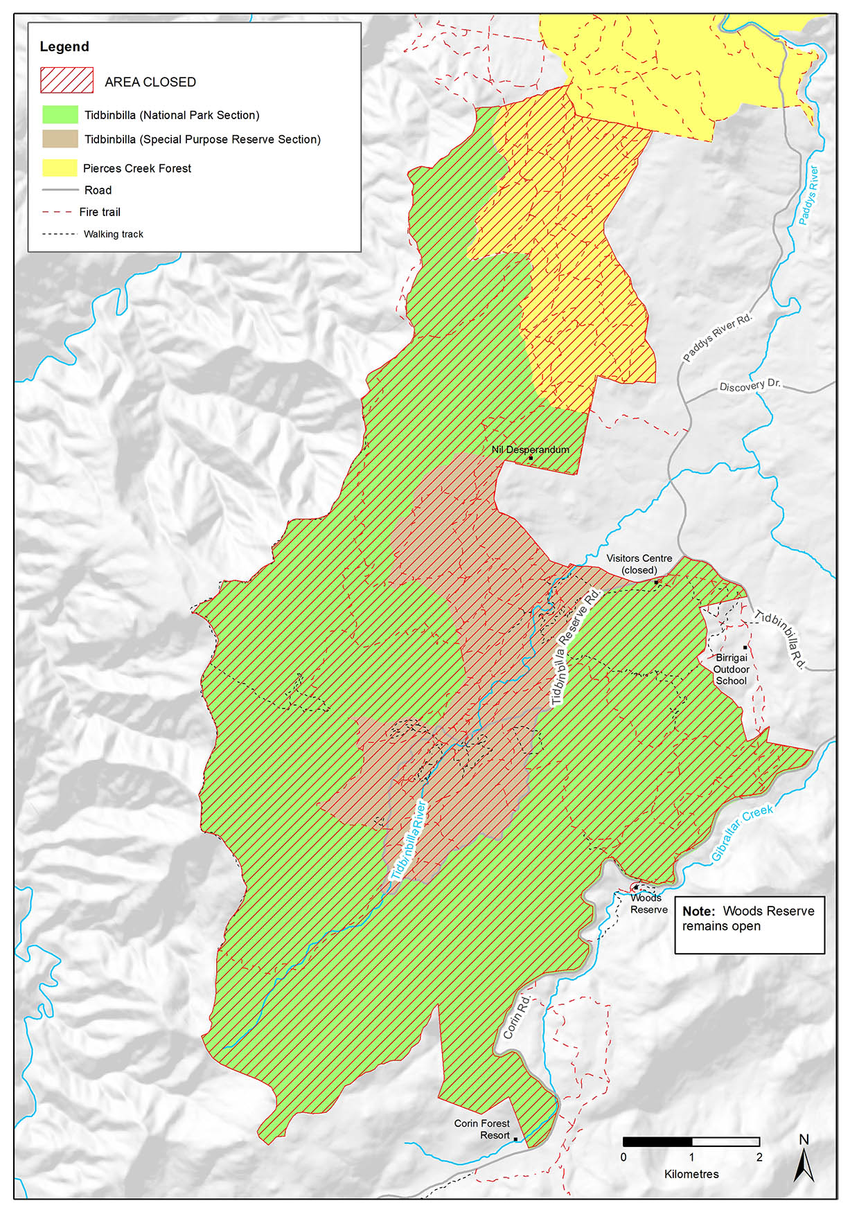 Tidbinbilla Nature Reserve closed. Pierces Creek Forest closed from Tidbinbilla boundary to northern side of Flints Forestry Road.
