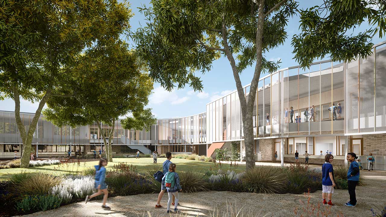 An artist's impression of the exterior of a modern school, with children milling about.
