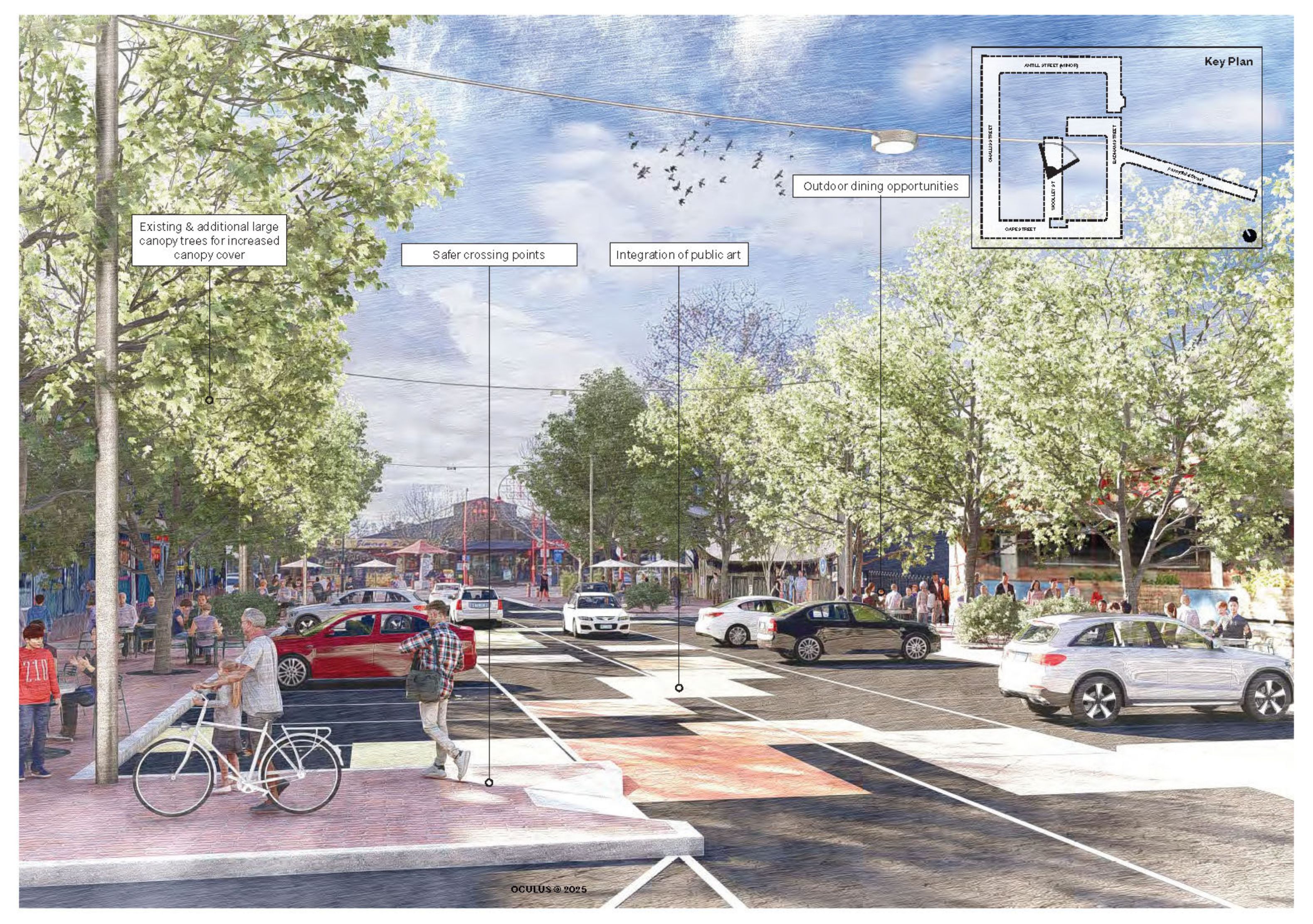 Impression looking north-west up Wolley Street showing crossing points, 90-degree parking and bike racks.
