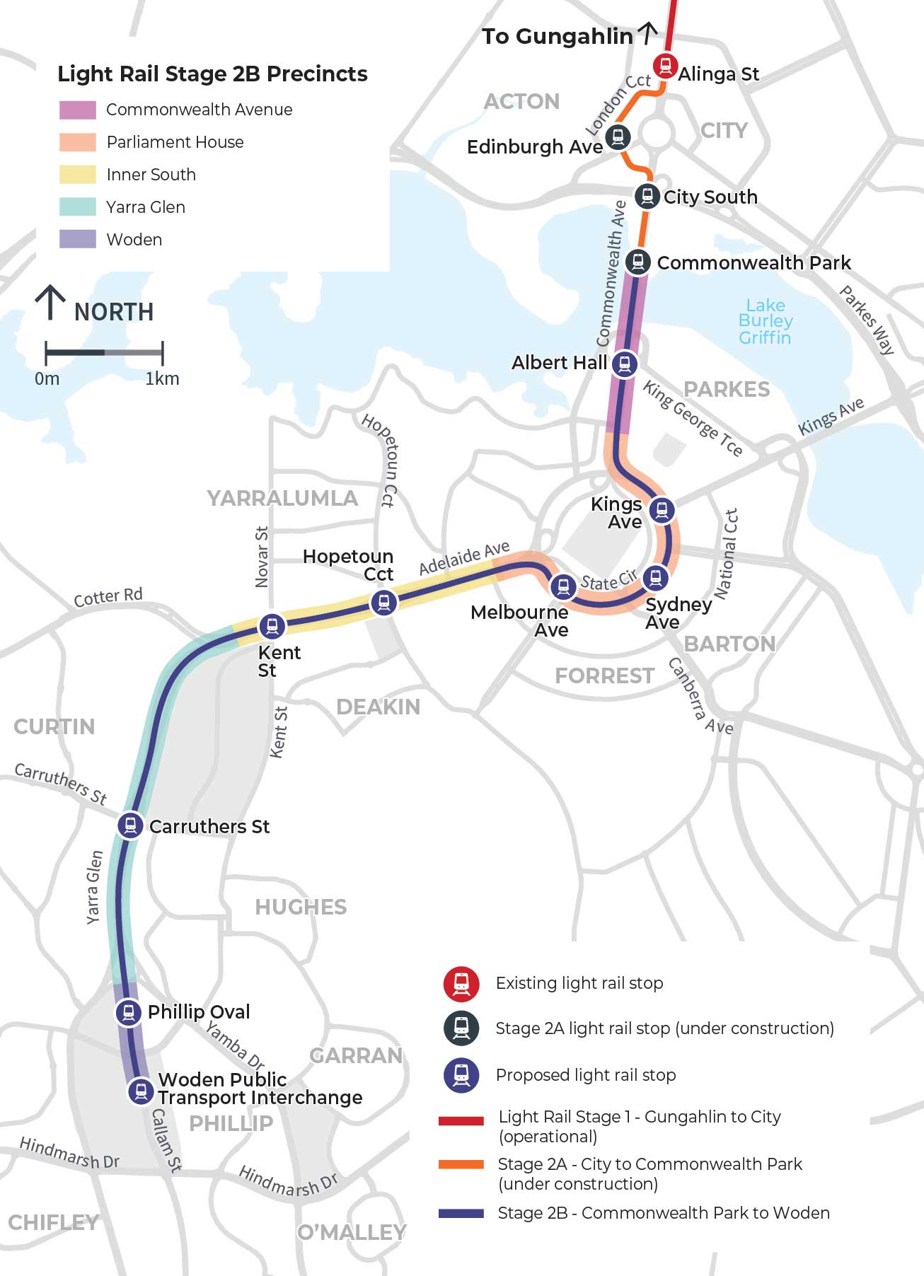 A map showing the route Canberra's light rail network will take from Canberra City to Woden.