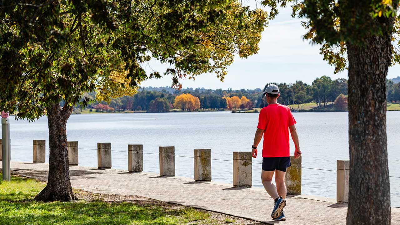 Person walking along side Lake Tuggeranong
