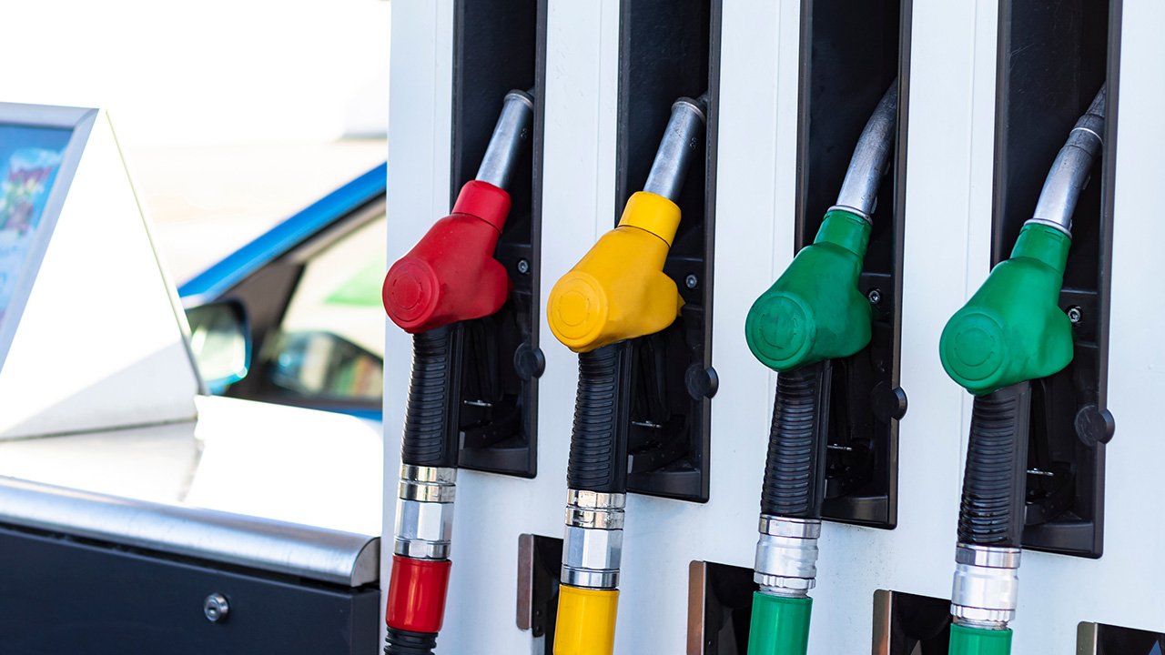 A close up image of colourful petrol pumps