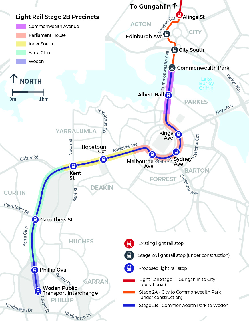Map showing Canberra Light Rail stages and precincts between the City and Woden. The route runs from Alinga Street in the City through Commonwealth Park, Kings Avenue, Sydney Avenue, Melbourne Avenue, Hopetoun Circuit, Yarra Glen and Phillip to the Woden Public Transport Interchange. Existing, under-construction and proposed light rail stops are marked, along with Stage 1, Stage 2A and Stage 2B sections and five Stage 2B precincts: Commonwealth Avenue, Parliament House, Inner South, Yarra Glen and Woden.